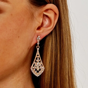 Luxury Alloy Rhinestone Drop Earrings For Women Geometric Cutout Flower Dangle Earrings Wedding Bridal Party Jewelry Gift Gold Silver