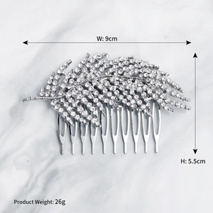 Detail showing bridal hair comb dimensions 9x5.5cm with silver alloy and crystal feathers