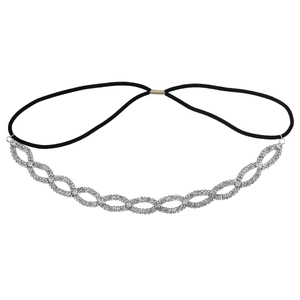 Funkelndes Infinity Braut Stirnband mit Kristallen und schwarzem Gummiband auf weißem Grund