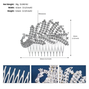 Detail view of peacock bridal hair comb with rhinestone inlay showing 8.5cm by 6.6cm dimensions