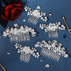 Five-piece bridal hair comb set with silver plating, sparkling rhinestones and white pearls