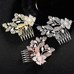 Three-piece bridal hair comb set in gold, silver and rose gold with rhinestone leaf designs