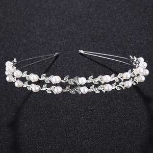 Elegant double-layered silver headband with white pearls and rhinestone vine leaves