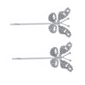 Close-up of elegant silver butterfly hair clips with sparkling white rhinestones for women