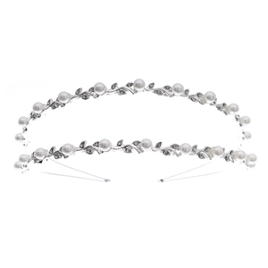 Double-layered silver leaf vine headband with pearls and rhinestones for weddings