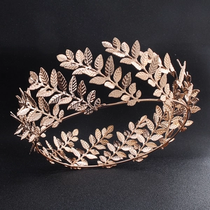 Rose gold laurel wreath crown with metallic olive leaf design for elegant bridal headwear