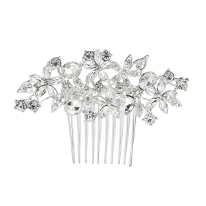 Elegant silver bridal hair comb featuring intricate rhinestone flower clusters and leaves