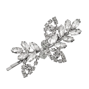 Sparkling silver leaf and butterfly rhinestone hair clip with marquise cut crystals