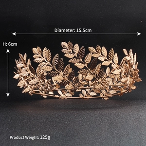 Detailed view of golden olive leaf bridal crown with 15.5cm diameter and 6cm height