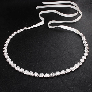 Sparkling silver bridal belt with rhinestones and white satin ribbon for wedding dresses
