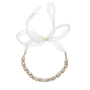 Elegant rhinestone headband with champagne crystals and long white ribbon ties