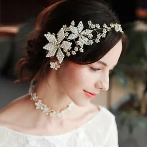 Exquisite bridal hair accessories set featuring white faux pearl floral woven headband and necklace