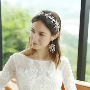 Exquisite bridal hairband and earring set featuring silver floral rhinestones and pearls