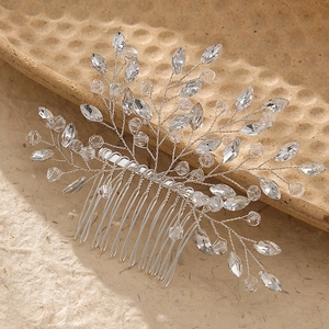 Peigne à cheveux de mariée artisanal en argent avec strass luxueux et branches de cristal