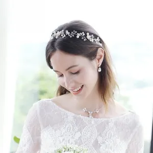 Detailed view of silver bridal hairband set with crystals, pearls, and matching jewelry