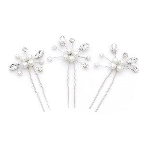 Set of 3 bridal hair pins with white pearls and sparkling rhinestones on silver wire