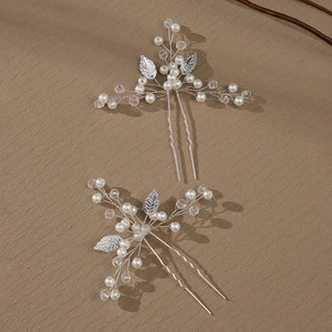 Ensemble d'épingles à cheveux de mariée fait main avec feuilles argentées et perles