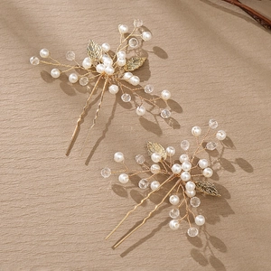 Épingles à cheveux de mariée faites main avec feuilles dorées, perles et cristaux