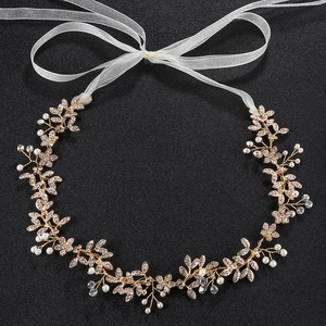Serre-tête de mariée fait main avec feuilles dorées, perles et strass brillants