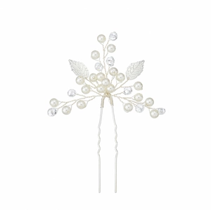Épingle à cheveux de mariée avec feuilles argentées, perles blanches et cristaux