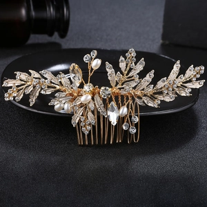 Détails du peigne à cheveux doré pour mariée avec perles et strass motif de feuilles