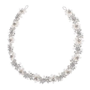Serre-tête de mariée fait main avec perles blanches et fleurs en strass sur vigne argent