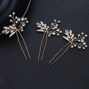 Lot de trois épingles à cheveux de mariée dorées avec strass et feuilles en métal