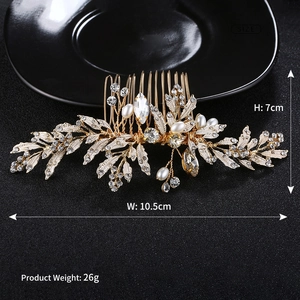 Peigne à cheveux de mariée doré avec perles et strass, motif feuille, 10,5 cm