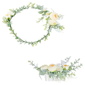 Floral bridal headpiece set with cream roses and daisy wreath for wedding hair styling