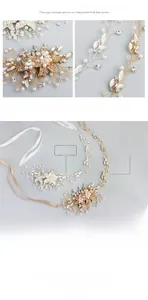 Detail of handmade bridal headband with gold and silver alloy leaves, pearls and rhinestones