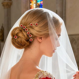 Détail d'épingles à cheveux fleurs rouges avec cristaux sur une mariée