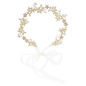 Cerchietto da sposa di lusso con foglie dorate perle e strass su nastro bianco