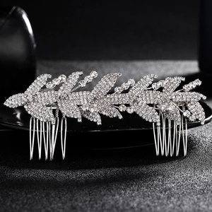 Peigne à cheveux de mariée en forme de feuille argentée avec strass pour mariage
