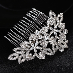 Peigne à cheveux de mariée exquis en argent avec fleurs et strass pour les mariages