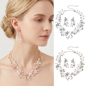 Elegante Set di Gioielli da Sposa Fatti a Mano Collana e Orecchini Künstliche Perle Sintetiche Strass Fiore Vite Lega Accessori per Matrimonio Banchetto Donna