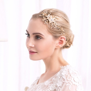 Handmade Flower Leaf Bridal Headband Gold Rhinestone Artificial Pearl Hair Vine For Wedding Party Accessories Elegant Vintage Women Hair Jewelry