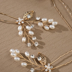 Épingles à cheveux de mariée dorées avec feuilles, perles et strass étincelants
