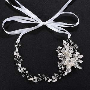 Elegant bridal hair band with silver alloy flowers, white pearls, crystals and silk ribbon