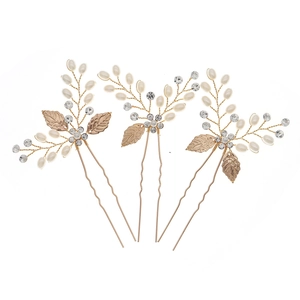 Lot de trois épingles à cheveux dorées de mariée avec perles, strass et feuilles ciselées