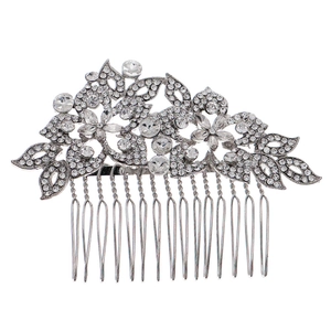 Peigne à cheveux de mariée argenté avec fleurs et feuilles en strass élégants