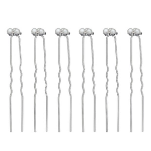 Detail view of 6-piece silver U-shaped hair pins with elegant white faux pearls