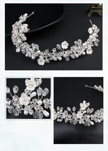 Detail of silver bridal headband with crystal leaves, white flowers and pearls