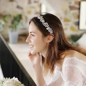 Handmade Alloy Crystal Flower Leaf Bridal Hairvine Silver Rhinestone Artificial Pearl Wedding Headband For Women Elegant Headwear