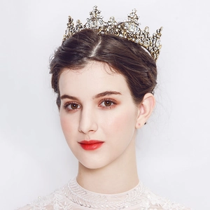 Corona da Sposa in Lega di Strass Oro Antico Barocco Retrò Reale Lussuosa Tiara Accessori per Capelli Donna Matrimonio