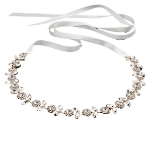 Elegant bridal waist belt with sparkling rhinestone sunflower design and white satin ribbon