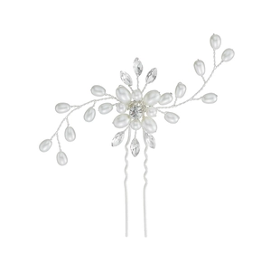 Elegant bridal hair pin with pearls and crystals in a floral U-shaped silver design