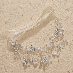 Vigne de Cheveux de Mariée en Argent avec Strass Fait à la Main Élégant Bandeau de Mariage Floral avec Ruban pour Femmes