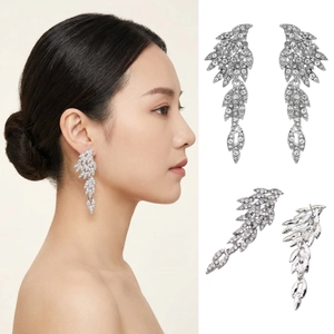 Alloy Rhinestone Wing Leaf Long Dangle Earrings With Stainless Steel Post For Bridal Wedding Party Women Fashion Jewelry