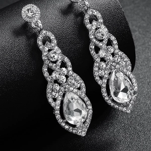 Elegant bridal silver drop earrings with pear-cut crystals for wedding party