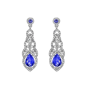 Classic silver bridal drop earrings with large blue teardrop crystals and sparkling rhinestones